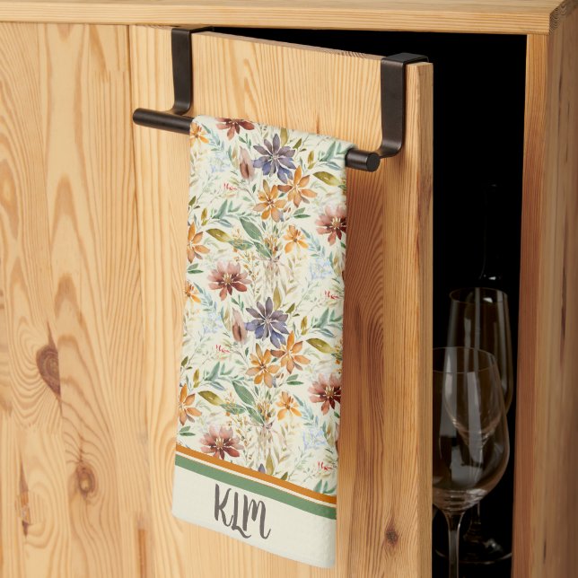 Autumn wildflowers pattern monogram tea towel (Thirds Fold)