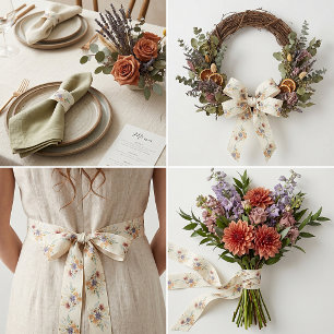 Autumn wildflowers pattern satin ribbon