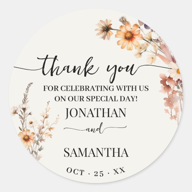 Autumn Wildflowers Thank you Wedding Favour Classic Round Sticker (Front)