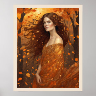 Autumn Wind Woman in Woods Art Nuevo Print