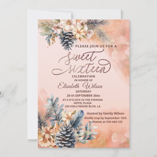 Autumn/winter blushed floral watercolor invitation (Front)