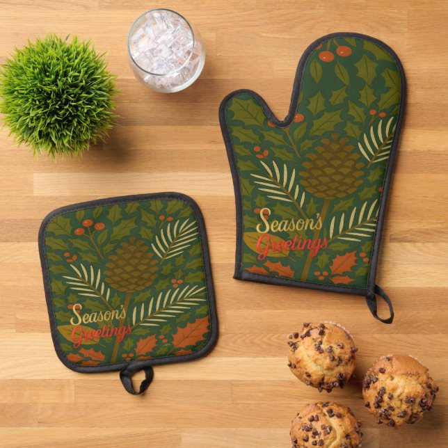 Autumn & Winter Mid Century Season's Greetings Oven Mitt & Pot Holder Set (Top Down)