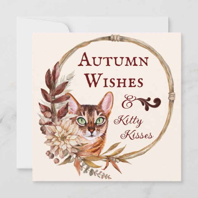 Autumn Wishes & Kitty Kisses, Fall Season Greeting Card (Front)
