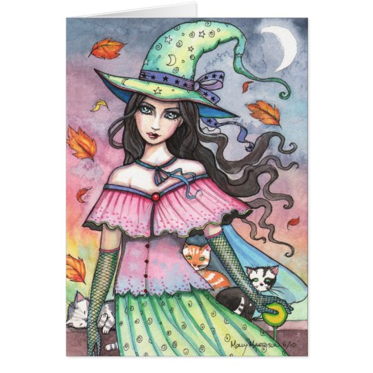 Autumn Witch and 3 Cats Card