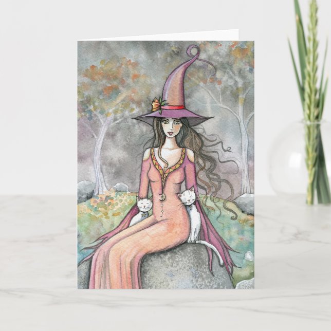 Autumn Witch White Cat Art Card (Front)