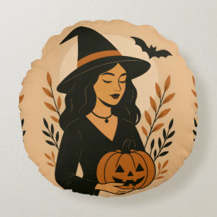 Autumn Witch with Pumpkin Vintage Halloween Round Cushion