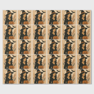 Autumn Witch with Pumpkin Vintage Halloween Wrapping Paper