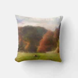 Autumn With Mountain Fox And Haystack Watercolor Cushion