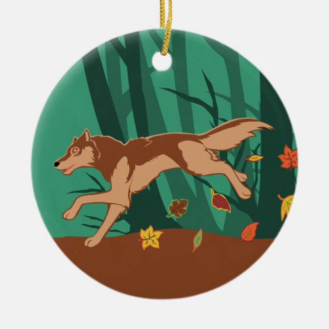 Autumn Wolf Ceramic Tree Decoration (Front)