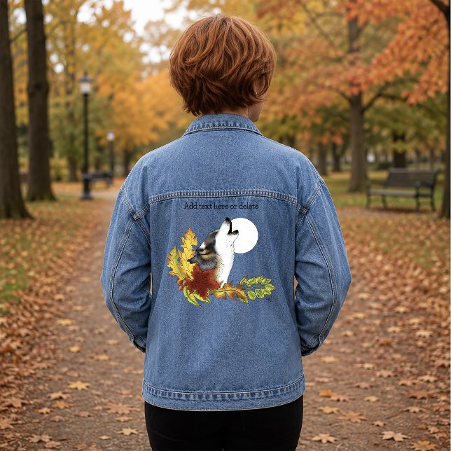 Autumn Wolf Howling Moon Black Denim Jacket (Creator Uploaded)