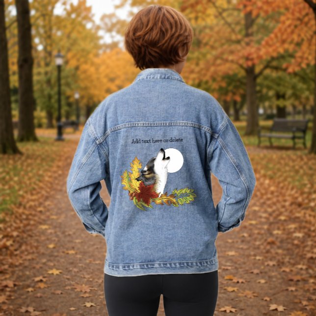 Autumn Wolf Howling Moon Black Denim Jacket (Creator Uploaded)