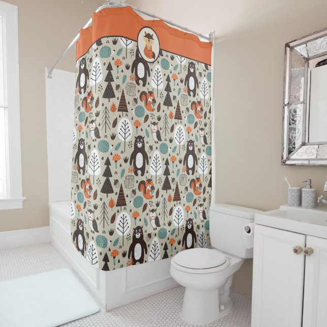Autumn Woodland Animals Pattern Shower Curtain (In Situ)