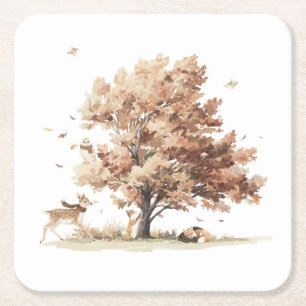 Autumn Woodland Animals Square Paper Coaster