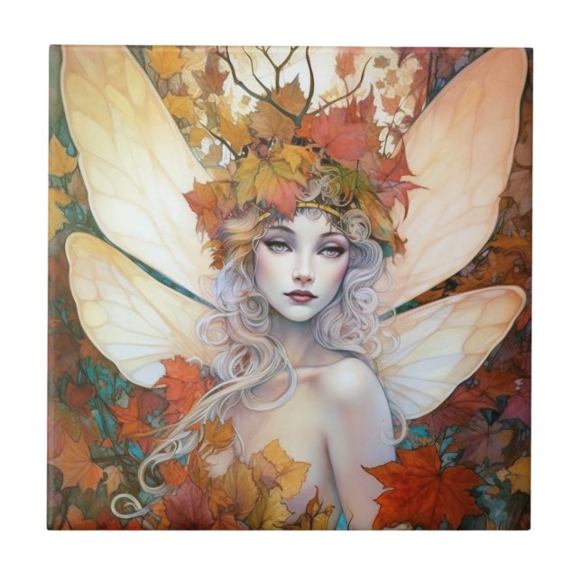 Autumn Woodland Fairy Fantasy Art Ceramic Tile (Front)