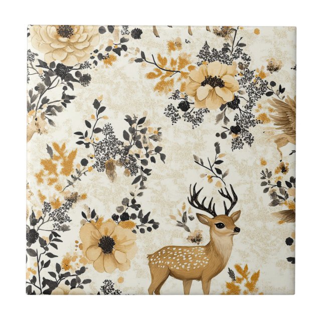Autumn Woodland Fawn Pattern Ceramic Tile (Front)