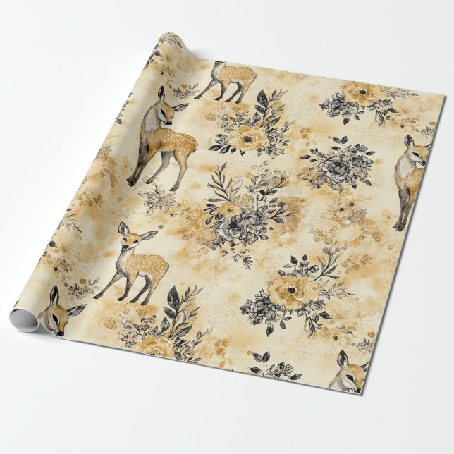 Autumn Woodland Fawn Pattern Wrapping Paper (Unrolled)