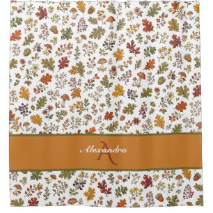 Autumn Woodland Floral Leaf Mushroom Custom Name Shower Curtain