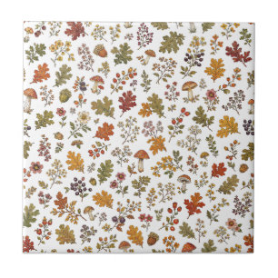 Autumn Woodland Floral Leaf Mushroom Pattern Ceramic Tile