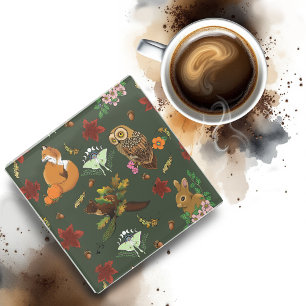 Autumn Woodland Forest Animals Green Glass Coaster
