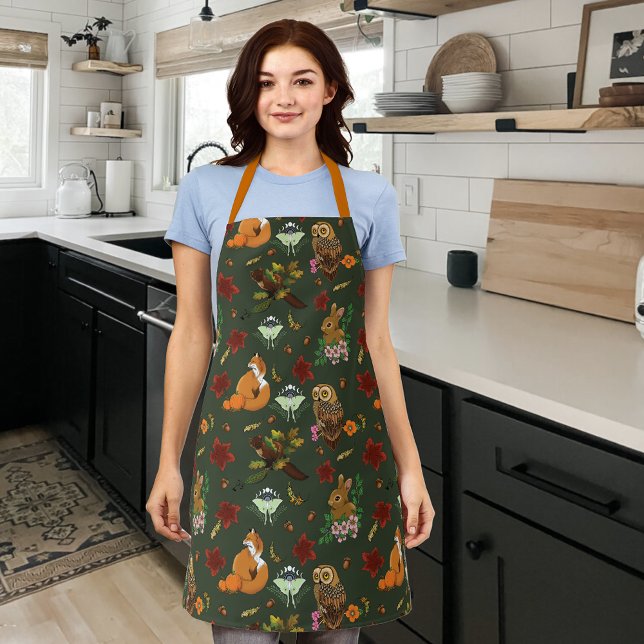 Autumn Woodland Forest Animals Green Pattern Apron (Creator Uploaded)
