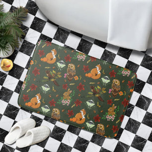 Autumn Woodland Forest Animals Green Pattern Bath Mat