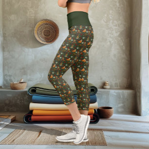 Autumn Woodland Forest Animals Green Pattern Capri Leggings