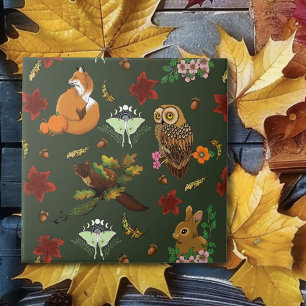 Autumn Woodland Forest Animals Green Pattern Ceramic Tile