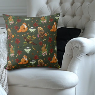 Autumn Woodland Forest Animals Green Pattern Cushion