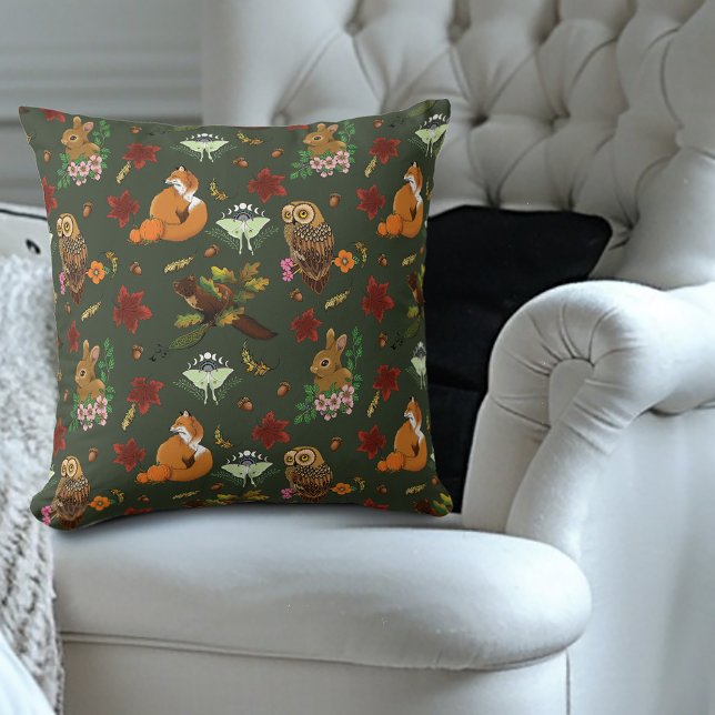 Autumn Woodland Forest Animals Green Pattern Cushion (Creator Uploaded)