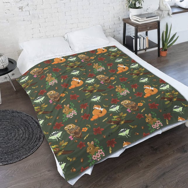 Autumn Woodland Forest Animals Green Pattern Fleece Blanket (Creator Uploaded)