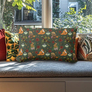 Autumn Woodland Forest Animals Green Pattern Lumbar Cushion