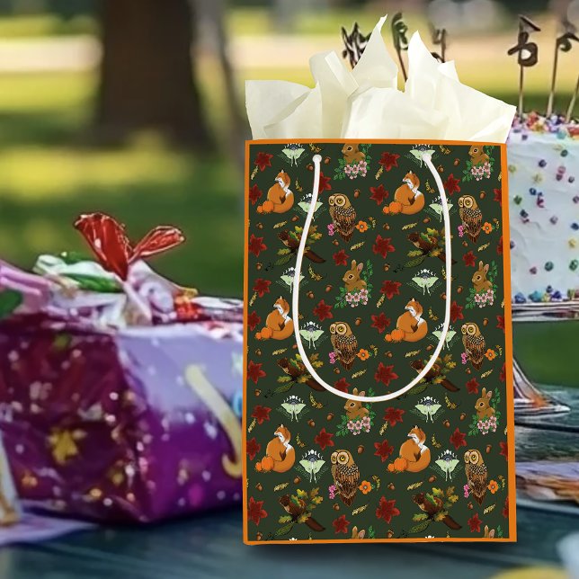 Autumn Woodland Forest Animals Green Pattern Medium Gift Bag (Creator Uploaded)