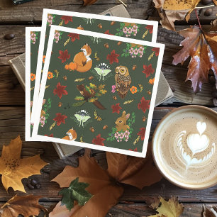 Autumn Woodland Forest Animals Green Pattern Napkin