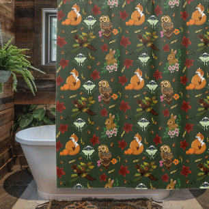 Autumn Woodland Forest Animals Green Pattern Shower Curtain
