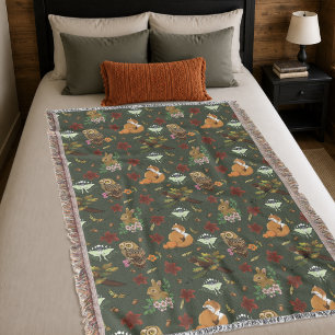 Autumn Woodland Forest Animals Green Pattern Throw Blanket