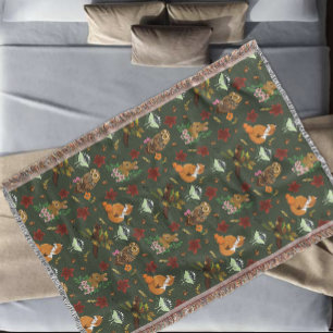Autumn Woodland Forest Animals Green Pattern Throw Blanket