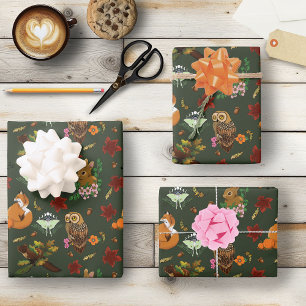 Autumn Woodland Forest Animals Green Pattern Wrapping Paper Sheet