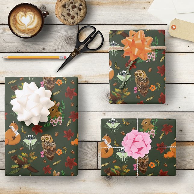 Autumn Woodland Forest Animals Green Pattern Wrapping Paper Sheet (Creator Uploaded)