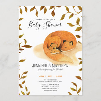 Autumn woodland fox twins baby shower invitation