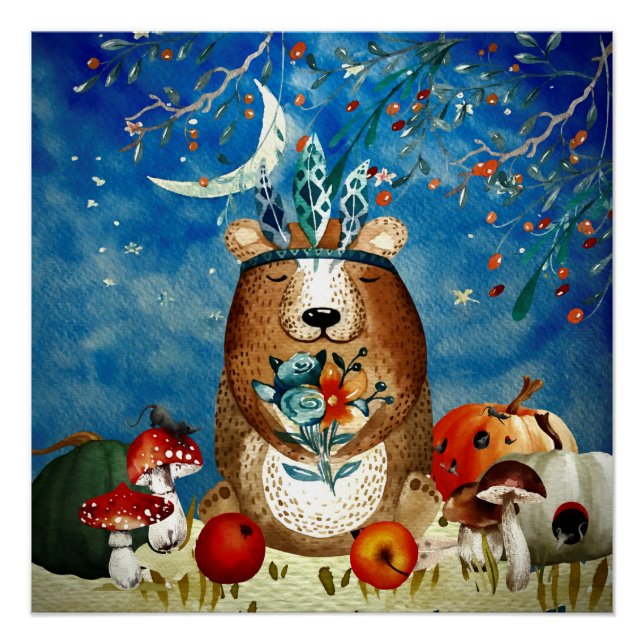 Autumn Woodland Friends Bear Forest Illustration Poster (Front)