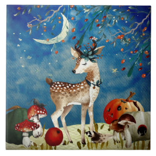 Autumn Woodland Friends Deer Forest Illustration Ceramic Tile