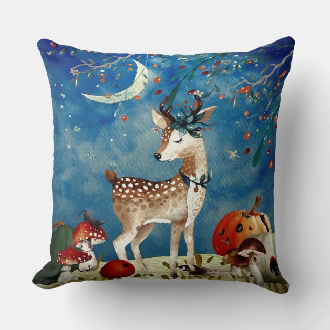 Autumn Woodland Friends Deer Forest Illustration Cushion (Front)