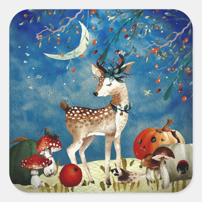 Autumn Woodland Friends Deer Forest Illustration Square Sticker (Front)