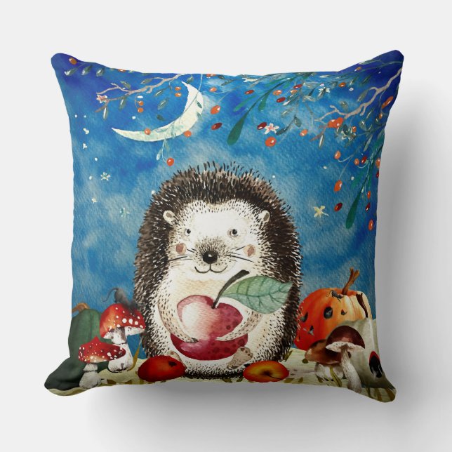 Autumn Woodland Friends Hedgehog Forest Drawing Cushion (Front)