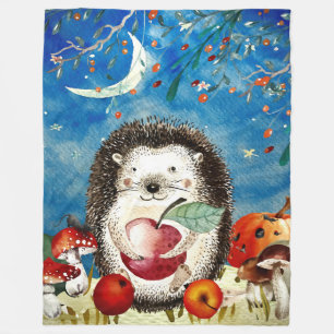 Autumn Woodland Friends Hedgehog Forest Drawing Fleece Blanket