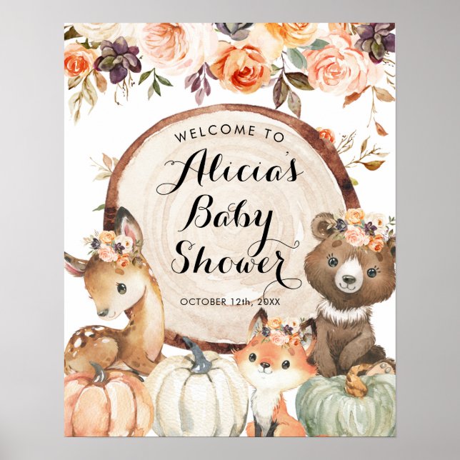 Autumn Woodland Girl Baby Shower Welcome Sign (Front)