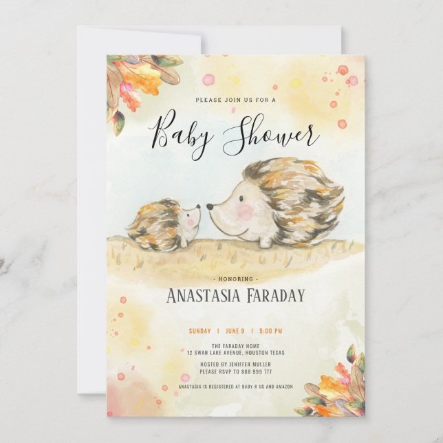 Autumn woodland hedgehog baby shower invitation (Front)