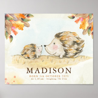 Autumn woodland hedgehog nursery name poster