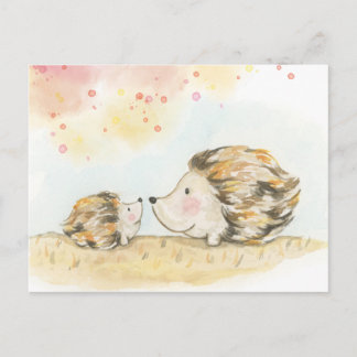Autumn woodland hedgehog watercolour postcard