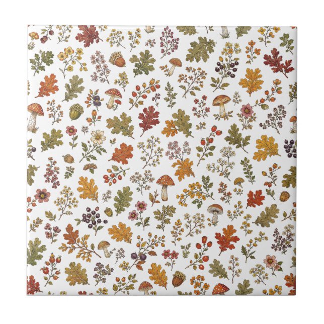 Autumn Woodland Leaves Mushroom Flower Pattern Ceramic Tile (Front)